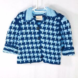 Baby Infant 12 Mo Hand Knit Cardigan Sweater Infant W/ Dark Light Blue Stripes